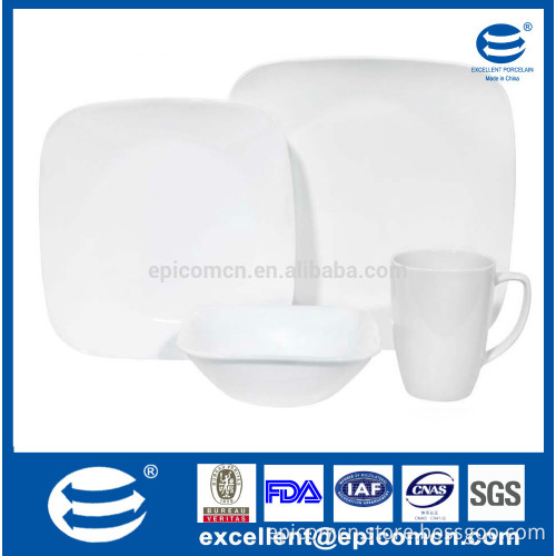 square cheap white porcelain dinner plate, big mug, square cereal bowl